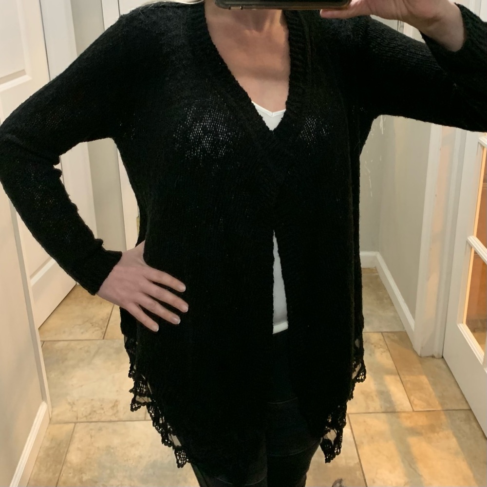 Signature Studio Long Black Cardigan Sweater with Lace Trim